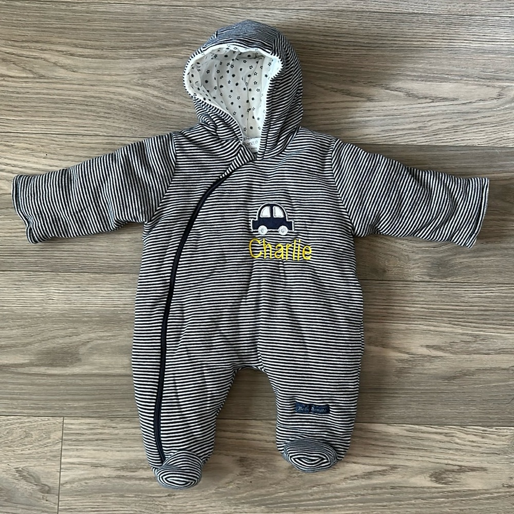 Bebe Bonito - Newborn - “Charlie” Custom Embroidered Navy White Winter Snow Suit